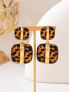 1 Pair 3D Double Layer Leopard Print Exaggerated Dangle Earrings, Gold Rim Vintage Tortoiseshell Long Earrings, Women's Wild Style Accessory - Yellow Gold - View 8