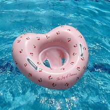 1pc Kids Heart-Shaped Inflatable Swim Seat Float, Pink Cherry Print & Glitter Transparent Dual Design, With Handles Anti-Flip Swim Ring, Children's Pool Water Swimming Training Equipment - Multicolor - View 2