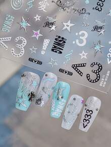 Y2K Star Note Nail Stickers, Silver Glitter Music Symbol Number 3 Swag Letter Nail Decals, Self Adhesive Nail Art Decorations For DIY Manicure - Multicolor - View 6