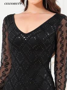 Robe de soirée Top de gamme pour femmes, patchwork, manches longues, à franges et perles, robe de banquet, de fête et de vacances - Noir - Voir 8