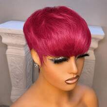 Colored Short Straight Pixie Cut Human Hair Wigs For Women 6 Inch 180% Density Layered Machine Made Wigs With Bangs Black Color 99J# Burgundy Green 613# Blonde BUG Red Color Basic Non Lace Wig Pixie Wig For Daily Wear And Halloween - SBUG - View 3