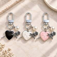 1pc/3pcs Women's Drip Oil Alloy Heart Peach Rose Pendant Faux Pearl Keychain, Gothic Style Halloween Gift Bag Charm Wallet Accessory - Multicolor - View 6