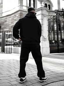 男士基礎款運動衫與慢跑褲套裝，寬鬆落肩上衣搭配抽繩腰運動長褲，2件式休閒通勤穿搭 - 黑色 - 查看 3