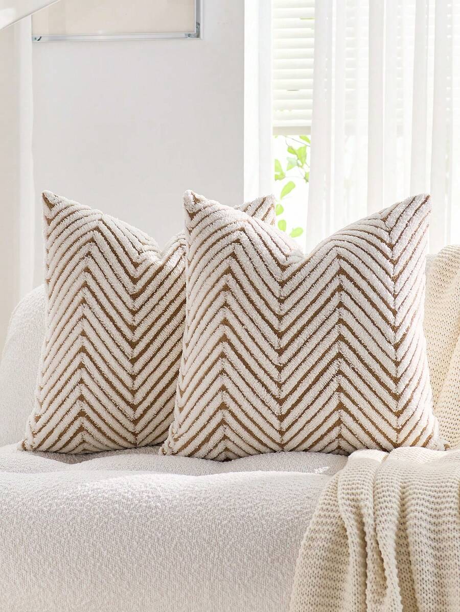 1pc Brown & White Bohemian Geometric Plush Decorative Pillow Cover (Pillow Insert Not Included), Reverse Side In Fleece Fabric, Square Cushion Cover, Holiday Home Pillow Decor, Soft & Comfortable Plush Material, Modern Decor For Sofa, Home & Bedroom,Fall Decor,Autumn Decor,Room Decor