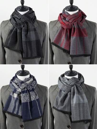 1pc Men's Water Ripple Pattern Office Street Casual Polyester (Polyester) Scarf Neck Warmer Autumn/Winter Warm Versatile Faux Cashmere Scarf For Suit And Coat