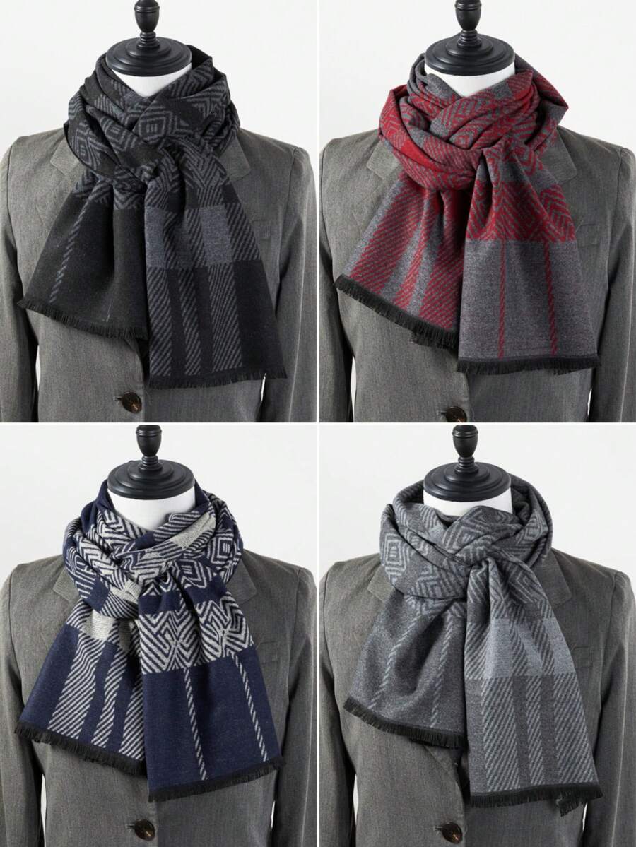 1pc Men's Water Ripple Pattern Office Street Casual Polyester (Polyester) Scarf Neck Warmer Autumn/Winter Warm Versatile Faux Cashmere Scarf For Suit And Coat - Multicolor - View 1