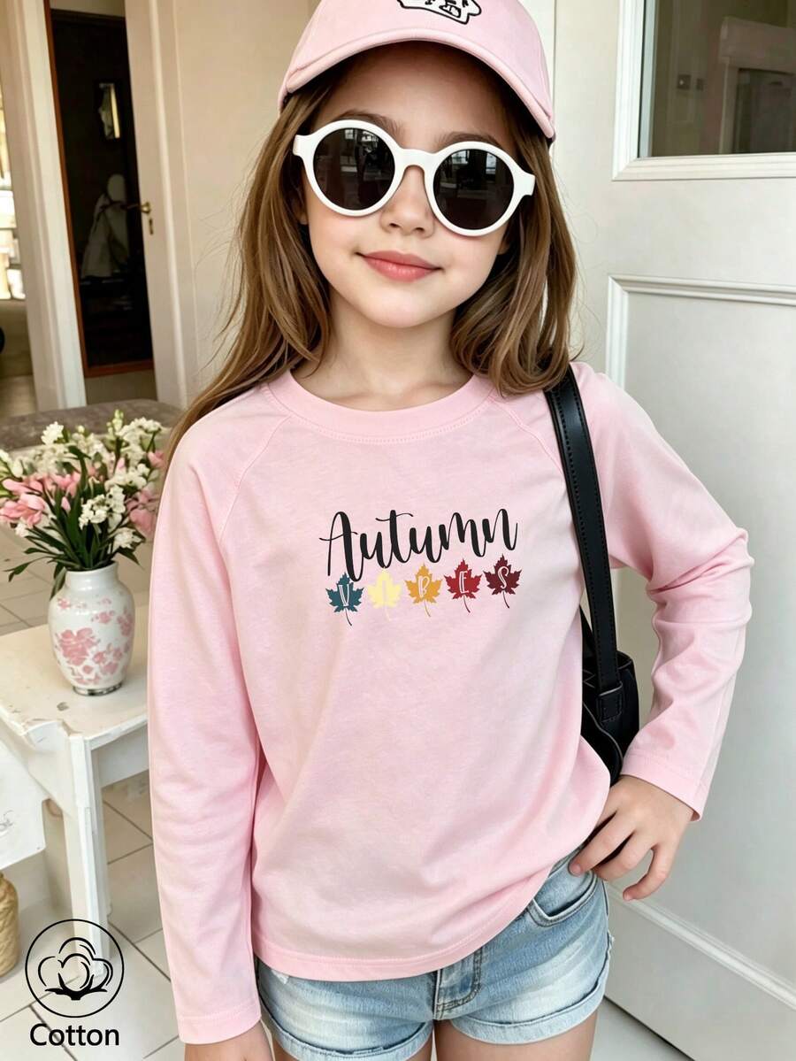 Kids Long Sleeve T-Shirt, Cute Casual Pink Top With Autumn Text & Colorful Maple Leaf Print, Round Neck Raglan Sleeves - Baby Pink - View 1