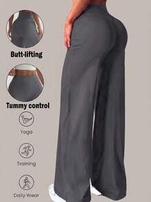 Women's Summer Solid Color Casual Loose Straight Leg High Waist Pants, Multi-Functional Basic Wide Leg Pants Suitable For Yoga, Running, Fitness, Daily Wear, Summer & Autumn - Grey - View 6