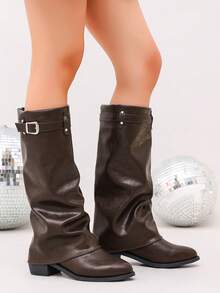 planare New Women's Fashion Ruched Brown Tall Boots With Metal Buckle Vintage Slip-On Pointed Toe Chunky Heel Western Cowboy Boots - Brown - View 9