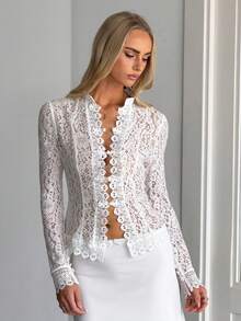 Women's Stand Collar Lace Blouse, Frog Button Long Sleeve Sheer Fitted Crochet Lace Top, Casual Outing Top - Apricot - View 7
