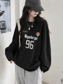 Women's Fashion Autumn/Winter Loose Minimalist Versatile Letter Print Long Sleeve T-Shirt - Black - View 1