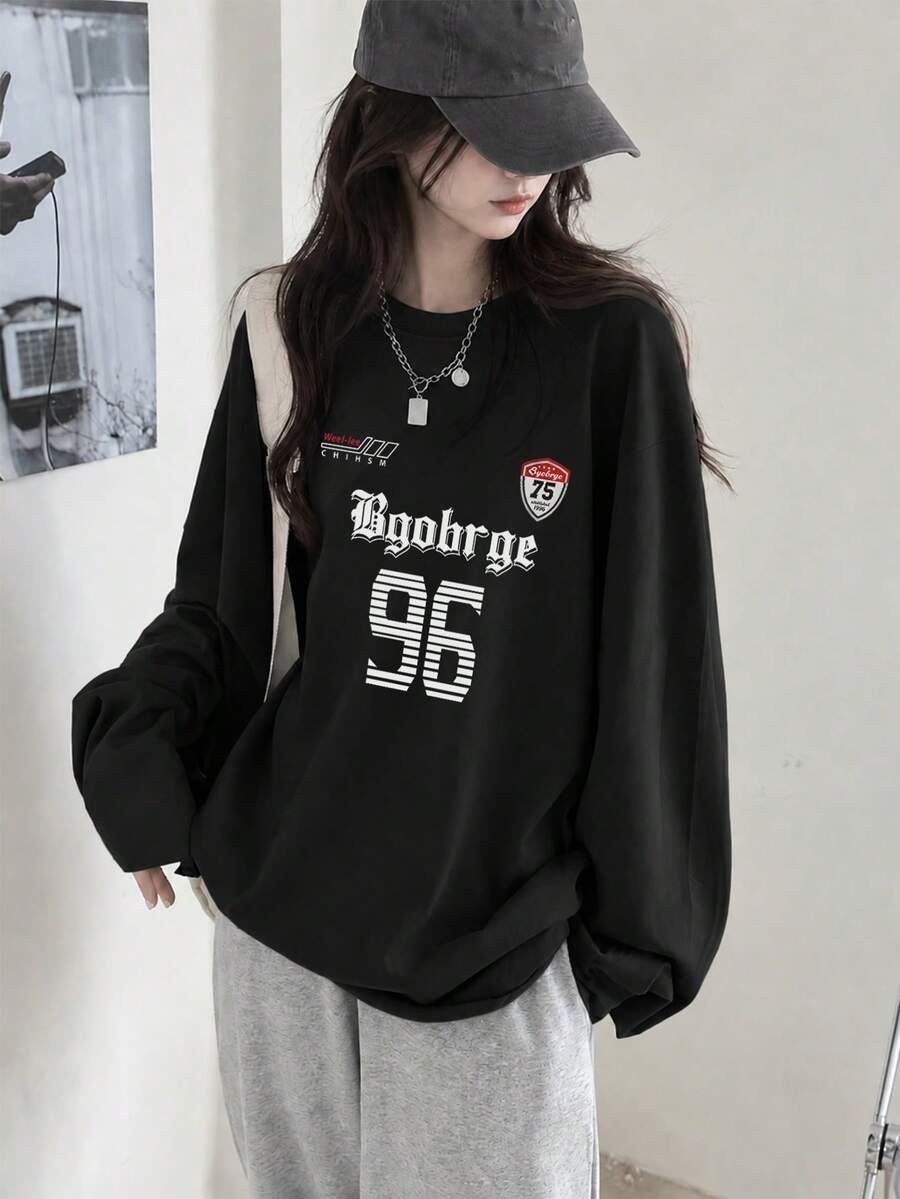 Women's Fashion Autumn/Winter Loose Minimalist Versatile Letter Print Long Sleeve T-Shirt - Black - View 1