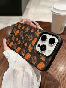 Black Faux Leather Texture Phone Case Compatible With Iphone 18 Pro Max/18 Pro/17 Pro Max/17 Pro/17 Air/17/16 Pro Max/16/15 Pro Max/15/14/13/11, Fall Pumpkin & Maple Leaf Pattern, Anti-Scratch Soft TPU Bumper Shell - Black - View 1