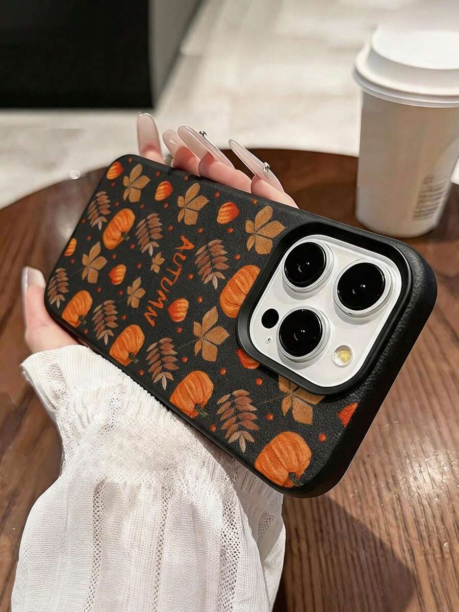 Black Faux Leather Texture Phone Case Compatible With Iphone 18 Pro Max/18 Pro/17 Pro Max/17 Pro/17 Air/17/16 Pro Max/16/15 Pro Max/15/14/13/11, Fall Pumpkin & Maple Leaf Pattern, Anti-Scratch Soft TPU Bumper Shell - Black - View 1