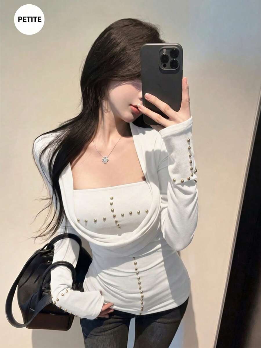 美式辣妹風低領長袖修身顯身材鉚釘抹胸兩件套 - 白色 - 查看 1