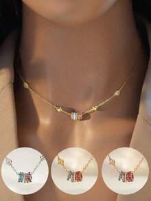 1pc Cubic Zirconia Colorful Lucky Bead Necklace, Elegant Girlfriend Anniversary Gift - Rainbow Transfer - View 2