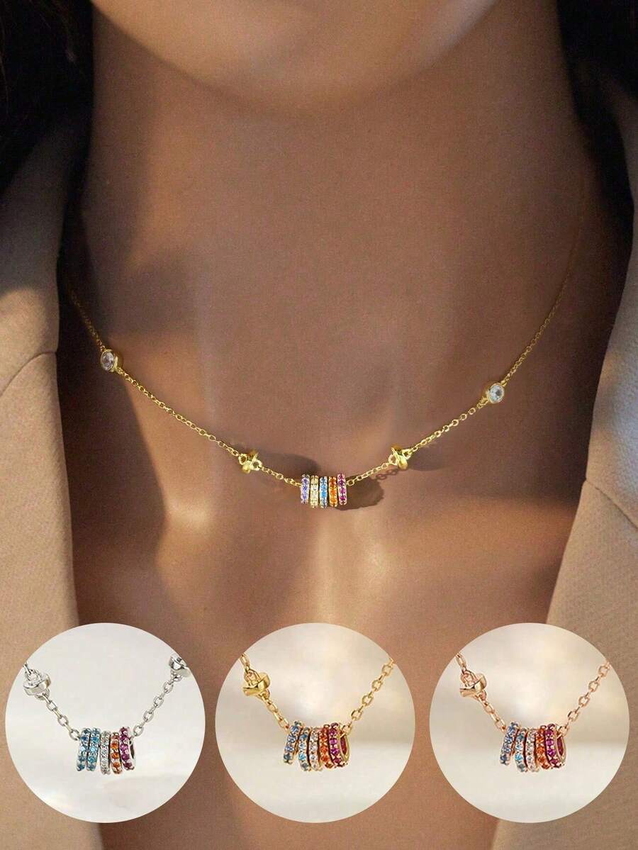 1pc Cubic Zirconia Colorful Lucky Bead Necklace, Elegant Girlfriend Anniversary Gift