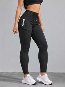 Women 2 In 1 High Waist Sports Leggings With Drawstring Layered Shorts Slim Fit Active Pants - Black - View 10