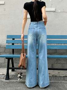 Women's Light Wash High Waist Loose Fit Stretch Denim Jeans, Wide Flared Hem & Fashion Patch Front Pockets Casual Pants - Blue - View 8