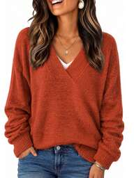 Autumn-Winter Women's Plus-Size Casual Knit V-Neck Long Sleeve Pullover