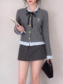 Women's Autumn/Winter Elegant Woven Frill Trim Patchwork Design Cardigan Knit Sweater - Grey - View 5