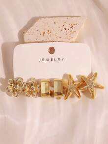 Set Anting-Anting Emas Tebal Vintage Multi-Gaya 2-6-18 Buah, Anting-Anting Bentuk Bunga, Bintang Laut, Kerang & Geometris - Emas - View 3