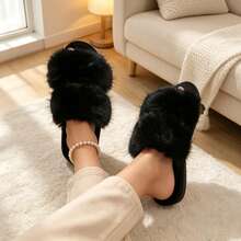 Women's Two Band Faux Fur Slide Slippers, Fluffy Open Toe House Slippers, Soft Non-Slip Indoor Bedroom Home Shoes - Black - View 4
