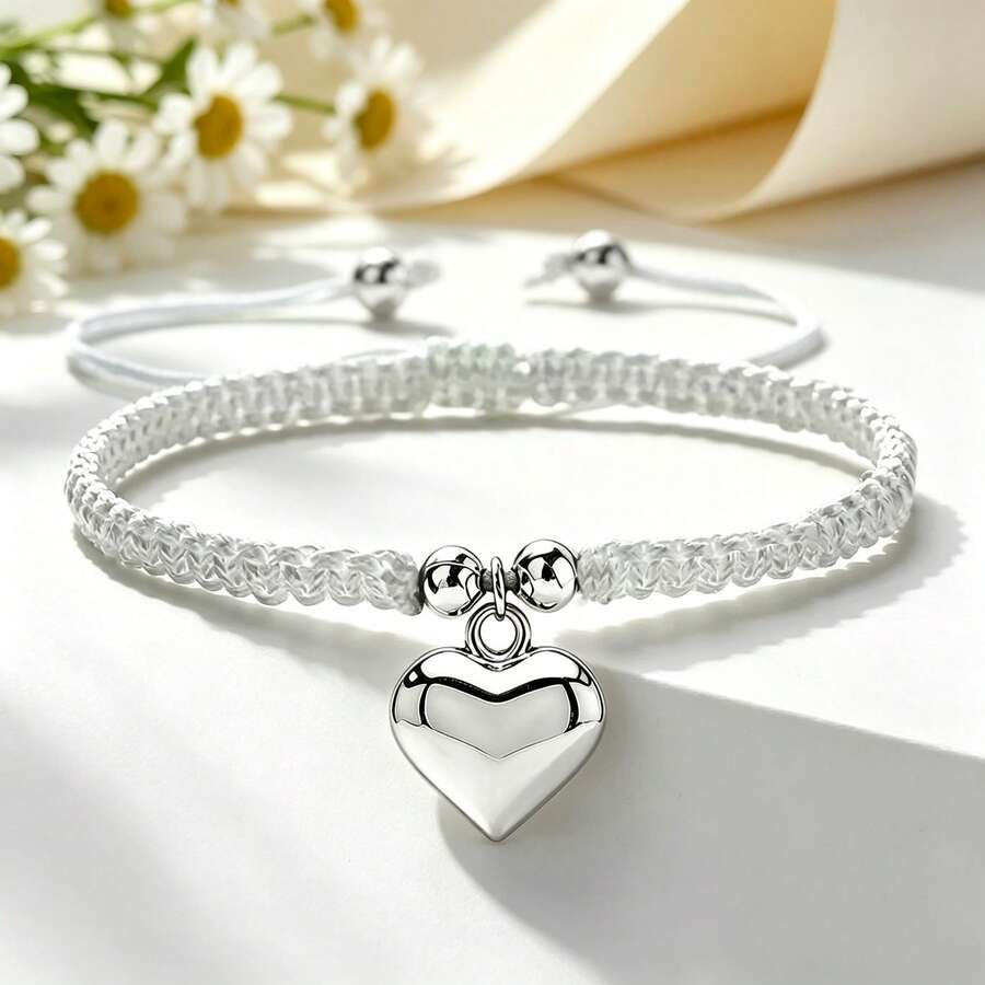 1Pc Multicolor Handmade Braided String Bracelet Silver Big Heart Pendant Rope Bangle For Women Couple Cute Casual Jewelry Gift - Large Silver Heart - View 1