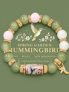 1pc Gift Box Hummingbird Jade Crystal Healing Beaded Bracelet For Women, Elastic Beaded Design, Hummingbird Pendant Decoration, Comes With Exquisite Gift Box Packaging, Suitable As Holiday Birthday Gift For Girls - Multicolor - View 3
