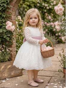 Baby Girls Lace Long Sleeve Embroidered Back V-Neck Puff Tulle Elegant Gorgeous Princess Dress Flower Girl Gown Suitable For 1st Birthday Party Baptism Holiday Ball - White - View 1