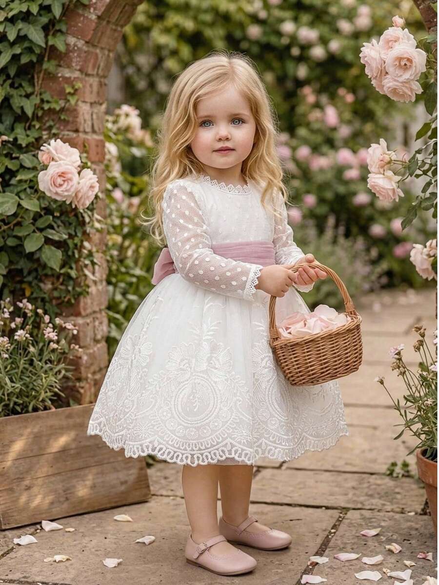 Baby Girls Lace Long Sleeve Embroidered Back V-Neck Puff Tulle Elegant Gorgeous Princess Dress Flower Girl Gown Suitable For 1st Birthday Party Baptism Holiday Ball - White - View 1
