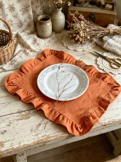 2/6/12pcs Vintage Orange Ruffle Edge Placemats & Napkins, Autumn Halloween Atmosphere, Suitable For Dining Table, Living Room, Party, Holiday, Cafe, Photography Props Decoration