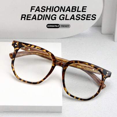 1pc Classic Large Frame Reading Glasses, Unique Round Rivet, Vintage Wood Grain Temple Design, Premium Metal Hinge, Office Daily Wear For Men And Women