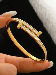 1pc/3pcs Stainless Steel Gold Bracelet Set, 6cm Diameter Small Size Vacuum Plated Zirconia Bracelet Stacking Set, Fade-Resistant, Suitable For Women's Daily Wear - Multicolor - View 9