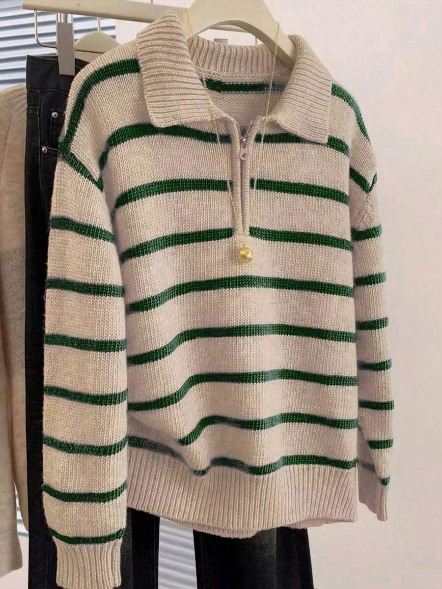 JIANHU 浅灰色和绿色条纹 Polo 针织衫 - 秋冬季半拉链款式,罗纹领口和撞色缝线 | 适合圣诞集市和休闲商务场合 - 杏色 - 查看 1