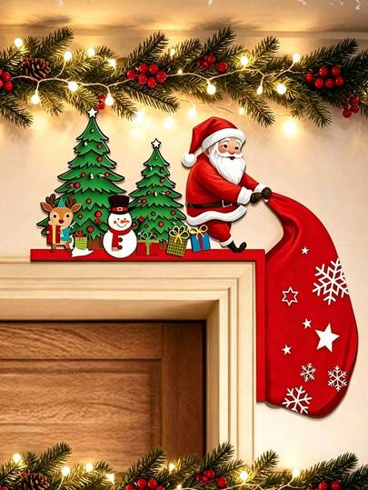 1/2pcs Christmas Wooden Door Corner Decor, Cartoon Santa Claus Pulling Gift Bag With Christmas Tree, Snowman, Reindeer And Gift Box, Holiday Door Frame Sitting Hanging Ornament, Indoor Christmas Holiday Home Party Decoration, Christmas New Year Atmosphere Festival Gift
