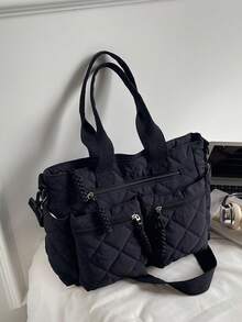 Large Capacity Tote Bag, 3D Quilted Diamond Pattern, Multi-Zipper Pocket Design, Relaxed Casual Style, Black Lightweight Crossbody Handbag, Suitable For Work Commute, Campus Study, Short Trips, Grocery Shopping, Minimalist Versatile Practical Shoulder Bag - Black - View 10