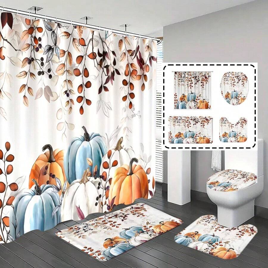 1PC/4PCS Pumpkin Shower Curtain Set, Thanksgiving Harvest Theme Shower Curtain, Non-Slip Bathroom Mat, Toilet Lid Cover, With 12 Hooks - Pumpkin - View 1