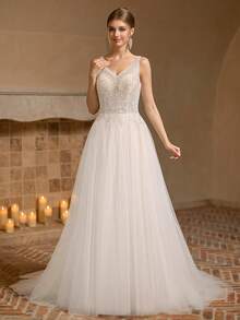 Bridal Wedding Dress, V-Neck Lace Tulle A-Line Long Gown, Ethereal Romantic Ball Gown, Suitable For Wedding Guests And Formal Evening Events - White - View 3