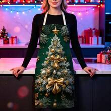 1pc Christmas Tree Print Apron - Sleeveless Design, Durable And Comfortable Fit, Cedar With Gold Bow Christmas Ball Pattern, Suitable For Cooking, Baking And Home Cleaning, Household Cleaning, Housework Apron, Hand-Painted Handmade Gardening Apron, Fun Holiday Gift - Multicolor - View 9