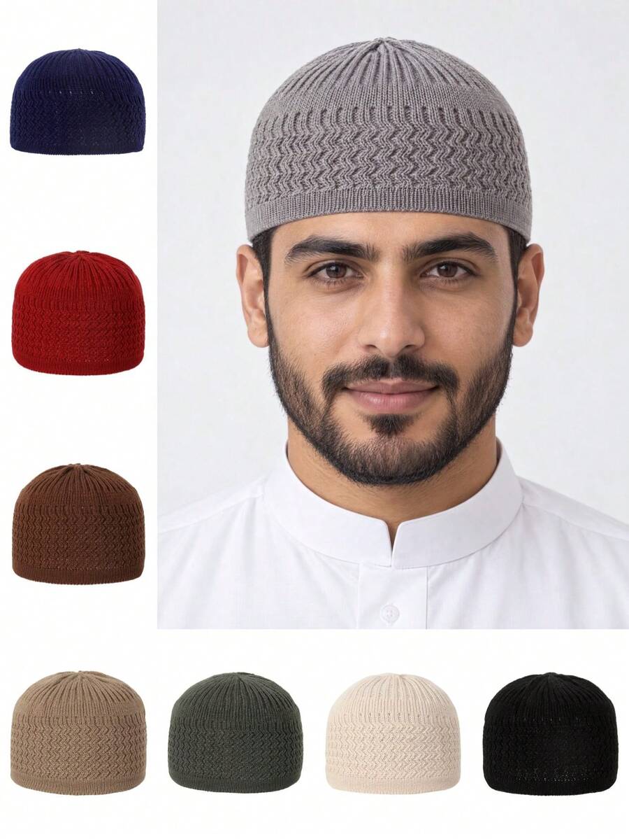 1pc Men's Autumn/Winter Warm Knitted Knit Beanie, Solid Color Herringbone Texture, Elastic Soft Knitted Knit Cap For Daily Wear - Multicolor - View 1