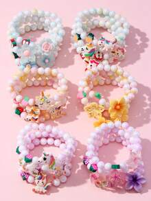 24pcs Kids Polymer Clay Bracelet Gift Set, Fruit Flower Beads Unicorn Pendant, Girls Party Jewelry Birthday Gift - Multicolor - View 11