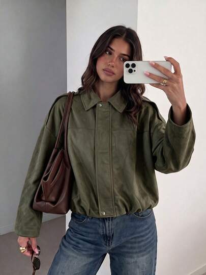 Casual Suede Lapel Zipper Loose Fit Short Jacket, Women's Winter Jacket, Autumn/Winter New Style, Versatile For Commute And Street Wear