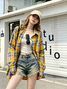 YUXIN American Vintage Niche Design Long Sleeve Plaid Shirt For Women / Spring & Autumn New Loose Casual Commuter Blouse / Suitable For All Seasons - Orange - View 9