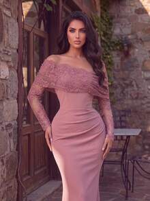 Faeriesty Gaun Mermaid Wanita Warna Pink dengan Leher Asimetris, Lengan Panjang, dan Detail Renda Kontras, Cocok untuk Acara Prom atau Formal - Dusty Pink - View 7