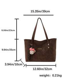 Vintage Faux Leather Tote Bag With Cute Plush Doll Pendant, Large Capacity Shoulder Handbag For Women, Suitable For Daily Commute - Coffee Brown - View 4