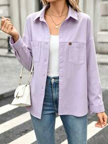 Women's Solid Color Front Button Pocket Casual Shirt - Mauve Purple - View 2