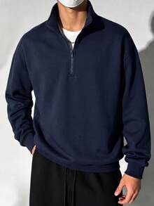 Men's Navy Blue Half-Zip Stand Collar Sweatshirt, Autumn/Winter Relaxed Drop Shoulder Commuter Casual Pullover - Navy Blue - View 8