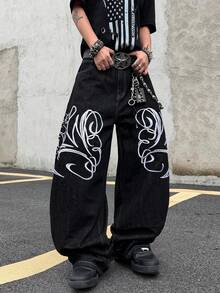 1pc Casual Loose Fit Embroidered Straight Leg Jeans, American Street Style, Suitable For All Seasons, No Belt & Accessories - الأسود - مشاهدة 5