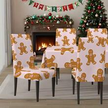 1PC/4PCS/5PCS/6PCS/7PCS/30PCS Light Pink Cute Gingerbread Man Print Tablecloth & Elastic Chair Cover Set, Non-Slip Washable Dining Tablecloth + Elastic Chair Covers, Suitable For Christmas Eve Dinner, Christmas Family Gathering, Holiday Party, Home Dining Table Decoration - Baby Pink - View 5